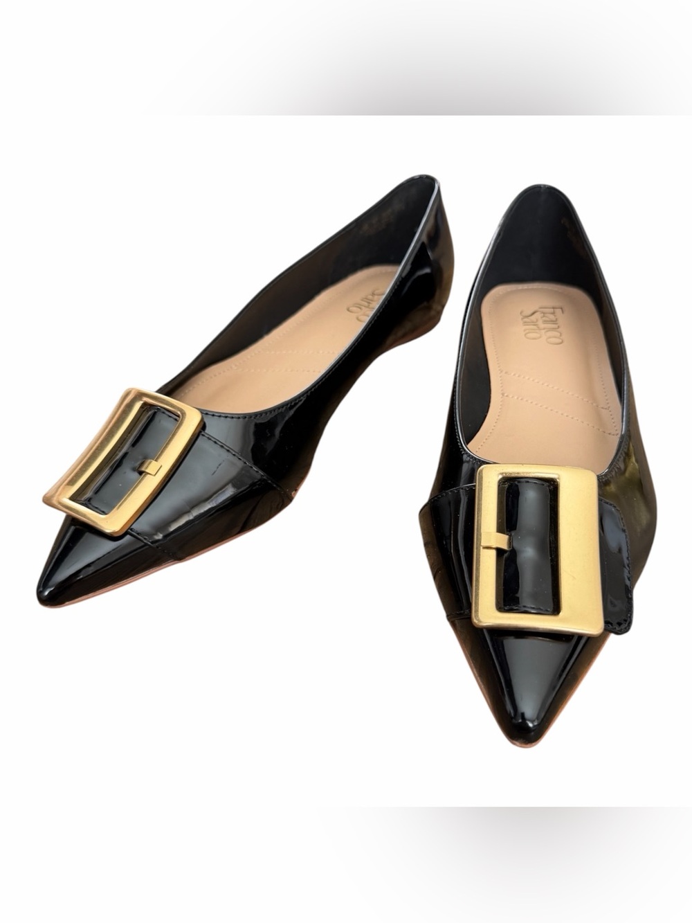Franco Sarto Black Patent Pointed Flats with Gold Buckle Accent - Picture 3 of 7